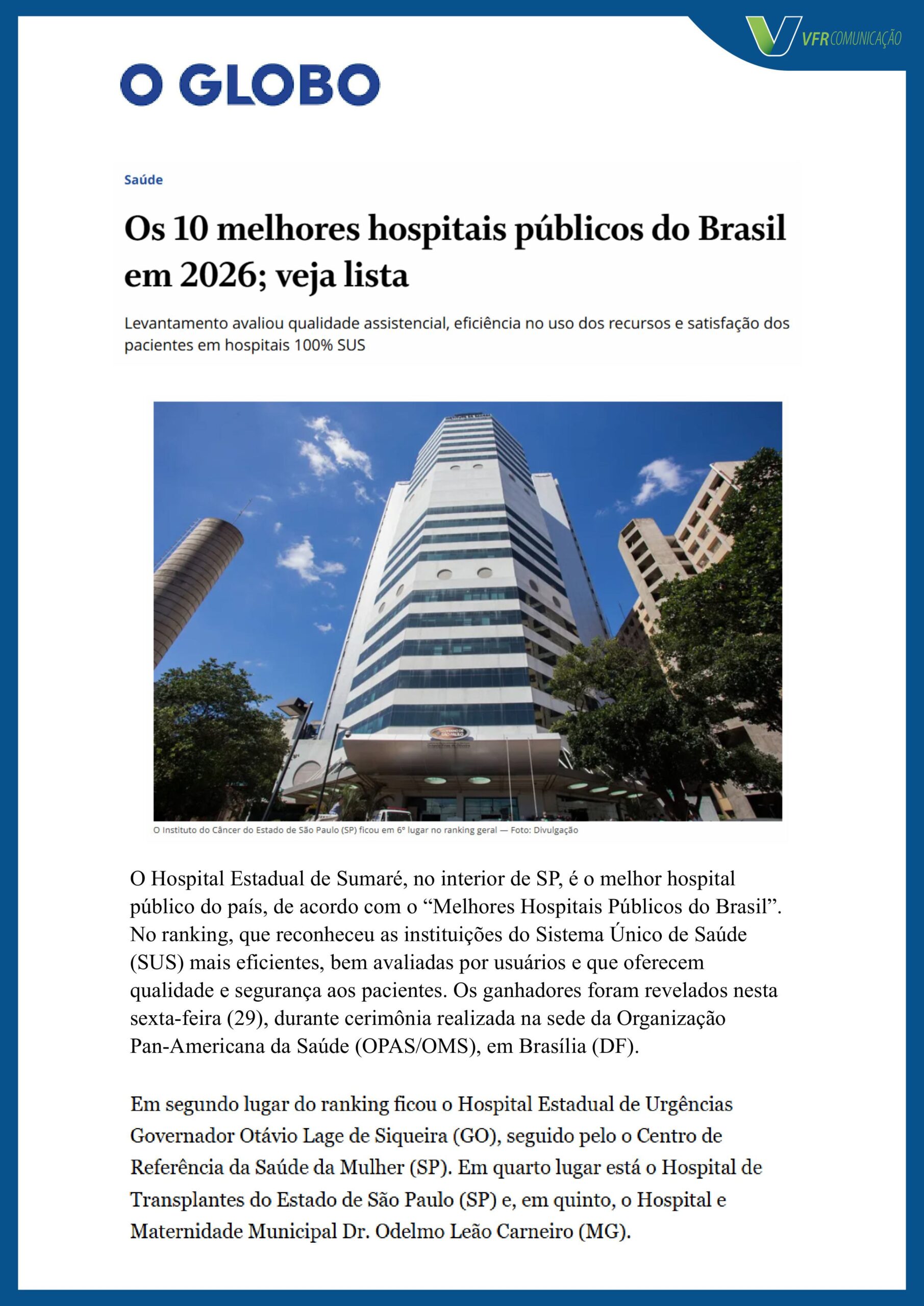 Ranking do Ibross aponta os 10 melhores hospitais públicos do Brasil
