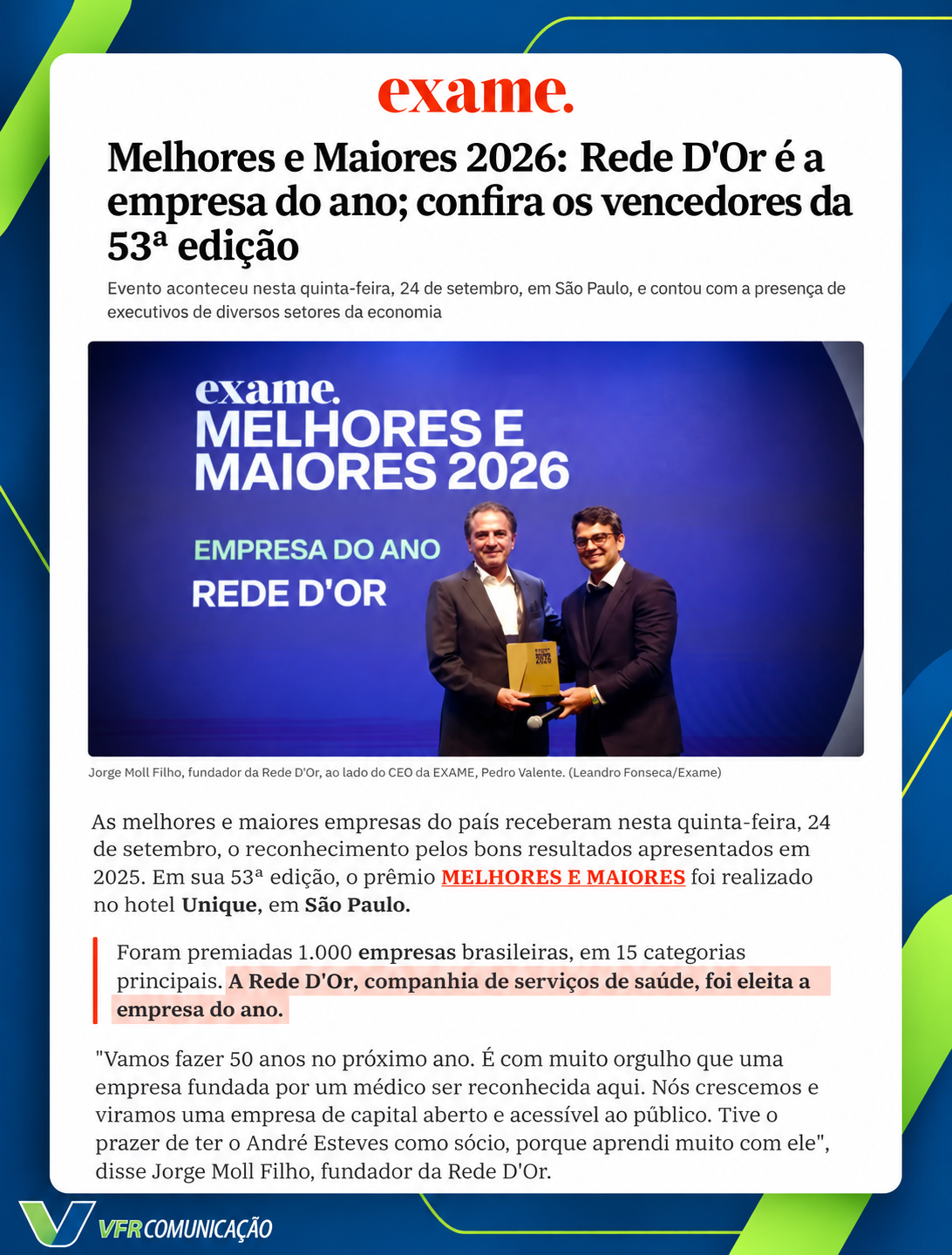Rede D´Or é eleita a “empresa do ano” pela Exame